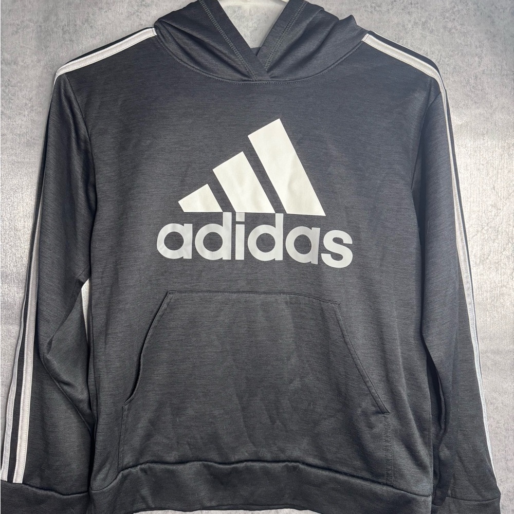 Adidas Kids youth Charcoal Hoodie with White Logo, Medium 10/12 great condition